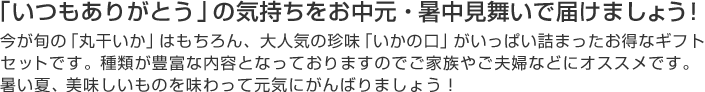 「いつもありがとう」の気持ちをお中元・暑中見舞いで届けましょう!今が旬の「丸干いか」はもちろん、大人気の珍味「いかの口」がいっぱい詰まったお得なギフトセットです。種類が豊富な内容となっておりますのでご家族やご夫婦などにオススメです。
暑い夏、美味しいものを味わって元気にがんばりましょう!