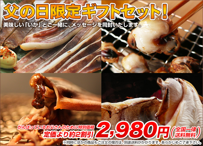 父の日限定ギフトセット!美味しい「いか」と一緒にメッセージを同封します。がんばっているお父さんのために特別価格
定価より約2割引 2,980円(全国一律送料無料)